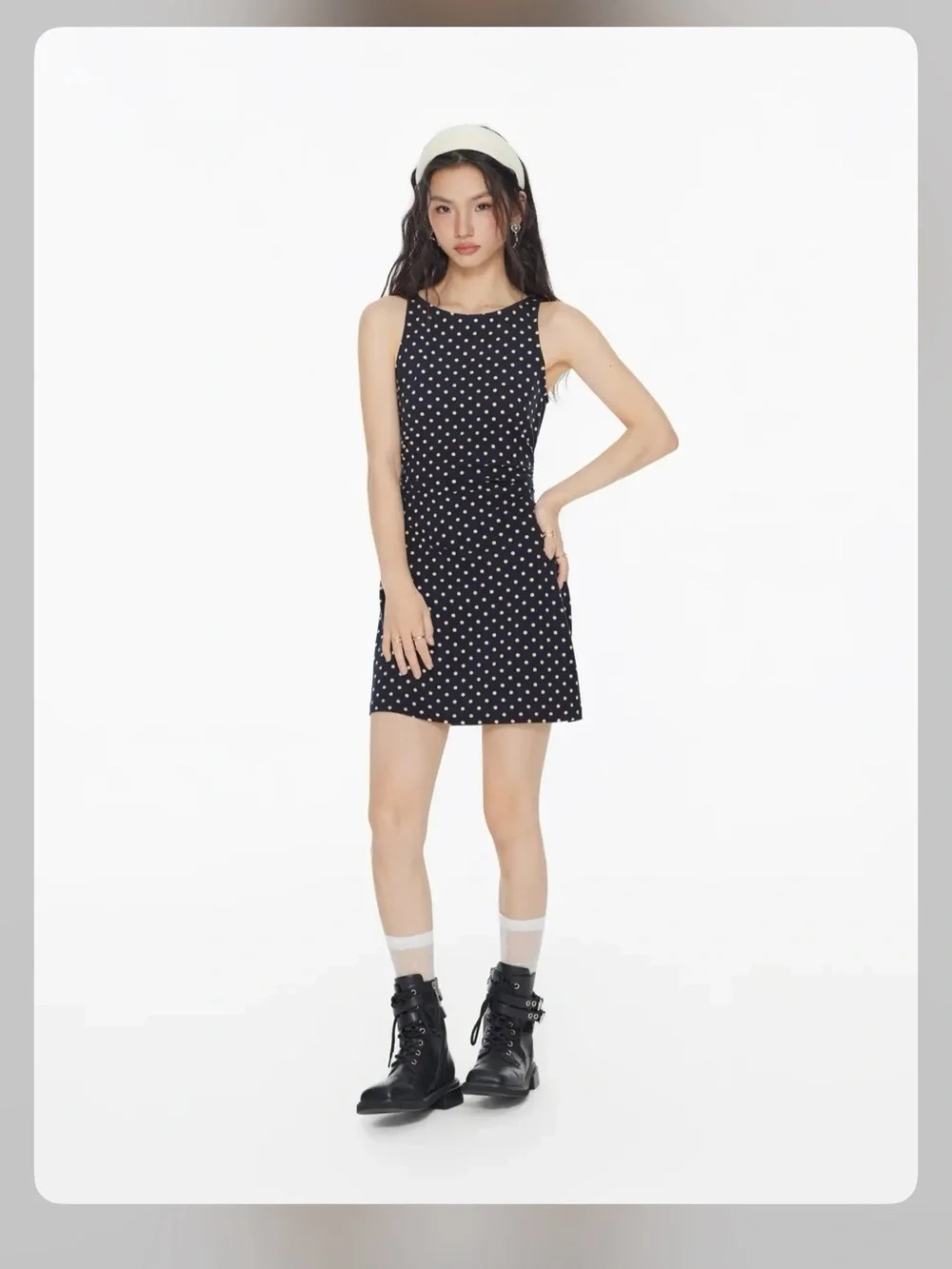 Cider BOAT NECK POLKA DOT RUCHED MINI DRESS M CR27-36